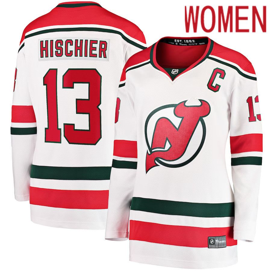Women New Jersey Devils 13 Nico Hischier Fanatics Branded White 2022-23 Heritage Premier Breakaway NHL Jersey